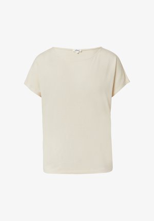 Bežs T-krekls ar īsām piedurknēm, kas izgatavots no mīkstas auduma, ar apaļu apkakli un brīvu piegriezumu, tīru apakšu un vienkāršu, bez rotājumiem dizainu.