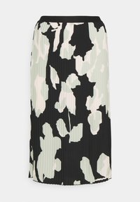 Falda midi plisada en negro con un gran estampado floral en verde pálido y rosa empolvado. Cuenta con una cintura sólida negra y una tela suave y ligera.