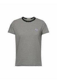 Schwarzes und weißes gestreiftes T-Shirt mit kurzen Ärmeln, Rundhalsausschnitt und einem kleinen gestickten Aufnäher auf der Brust. Weicher Stoff, lockerer Schnitt.