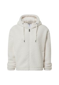 White fleece hoodie with a front zipper, drawstring hood, and textured fabric. Features ribbed cuffs and a subtle logo tag inside.