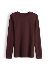 Langarmshirt in bordeauxrood, gemaakt van zachte stof. Heeft een ronde halslijn en een rechte snit, zonder patronen of extra accenten.