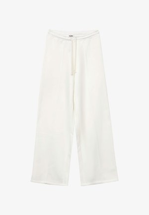 Pantaloni bianchi a gamba larga realizzati in un tessuto morbido. Caratterizzati da una vita elastica con cordoncino e dettagli con cuciture sul davanti.