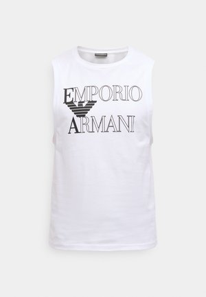 Weißes ärmelloses T-Shirt mit schwarzem Aufdruck "EMPORIO ARMANI" und einem Logo-Grafik, gefertigt aus weichem Baumwollmaterial.