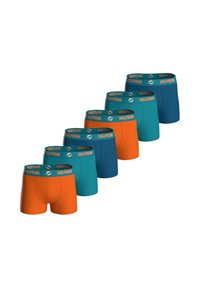 Sada šesti pánských boxerů s barevným designem v oranžové a tyrkysové barvě, s elastickými pasy nesoucími logo "Dolphins".