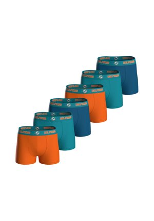 Set med sex herrboxershorts med en färgstark design i orange och teal, med elastiska midjeband som visar "Dolphins"-logotypen.