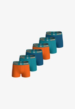 Sada šesti pánských boxerů s barevným designem v oranžové a tyrkysové barvě, s elastickými pasy nesoucími logo "Dolphins".