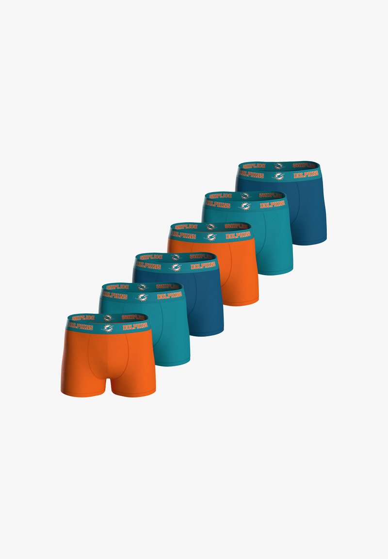 Sada šesti pánských boxerů s barevným designem v oranžové a tyrkysové barvě, s elastickými pasy nesoucími logo "Dolphins".
