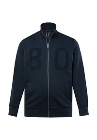 Sudadera con cremallera azul marino y cuello alto, con los números bordados '80' en el frente. Hecha de tela suave con puños acanalados.
