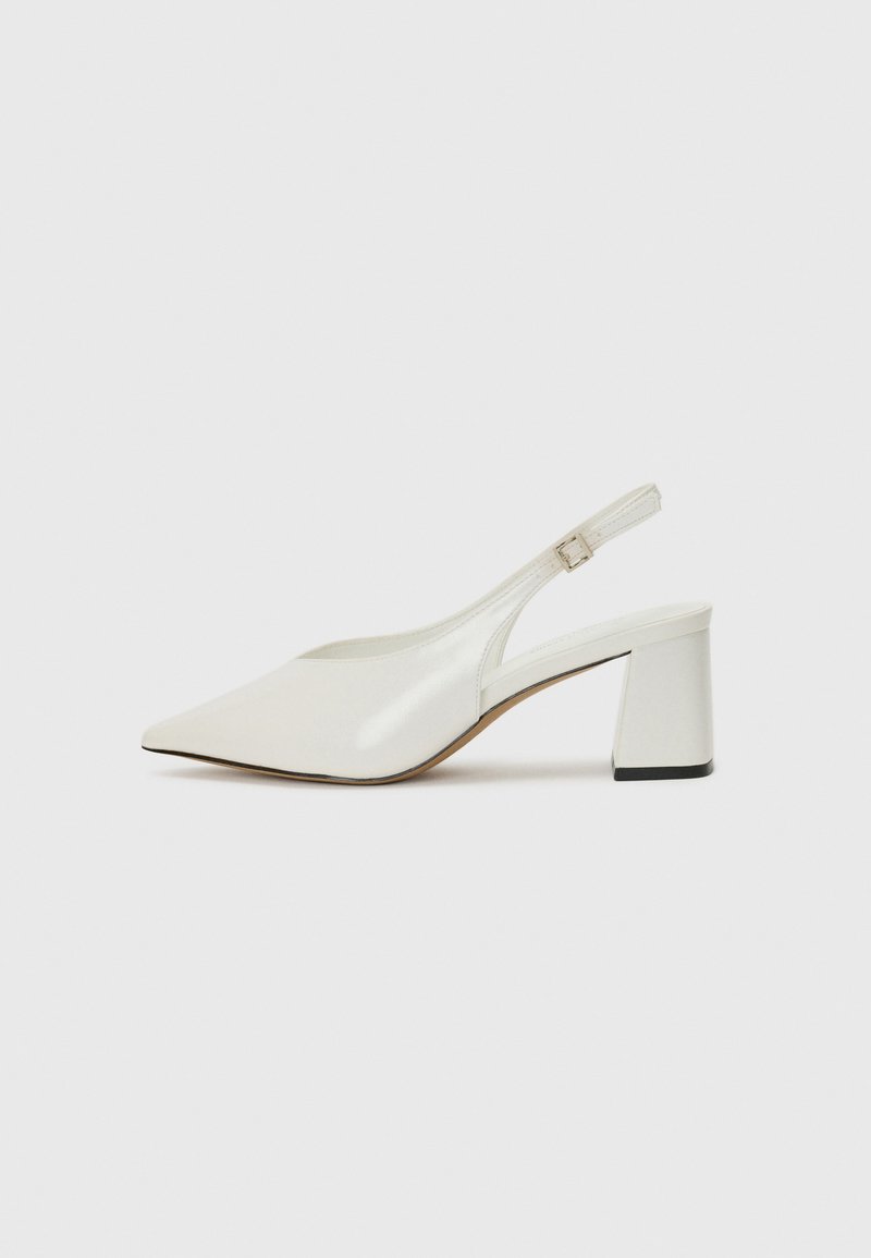 White slingback heel with a pointed toe, made of shiny material, featuring a block heel and adjustable ankle strap.