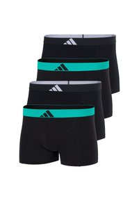 Schwarze Boxershorts im Viererpack med turkosa elastiska midjeband med Adidas-logotyp. Mjuk, Stretchig tyg med en slät yta.