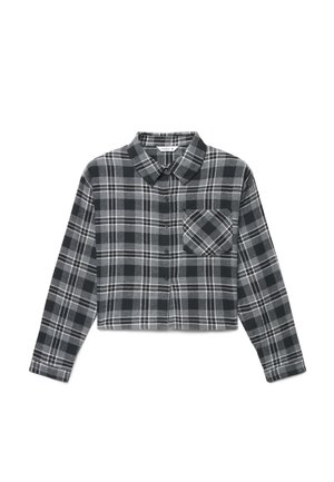 Camicia corta a maniche lunghe a quadri neri e grigi con bottoni frontali e una tasca sul petto.