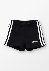Musta urheilushortsit, joissa on valkoiset sivuraidat, elastinen vyötärönauha ja valkoinen "adidas"-logo alareunassa. Puuvillasekoitteinen materiaali.