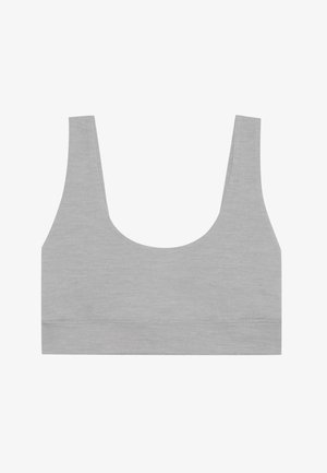 Sivi pamukan grudnjak s širokim naramenicama, zaobljenim izrezom i bešavnom trakom na dnu. Mekana, glatka tekstura.