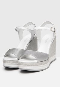 Sandali Espadrillas Zeppa Alta in Corda Tela Laminato Argento Lacci