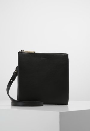 Petit sac carré en cuir noir avec fermeture éclair sur le dessus et bandoulière ajustable, placé sur un piédestal blanc sur un fond uni.