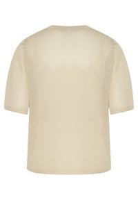 Pull en tricot beige à manches courtes, col rond, texture douce, coupe décontractée, design sans couture sans coutures ni motifs visibles.