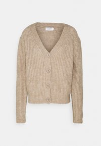 Beige knitted cardigan with a V-neckline, long sleeves, and five front buttons, featuring a textured weave and cropped design.