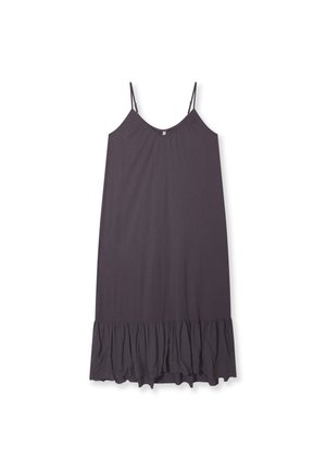 Vestido midi sin mangas de color gris oscuro con tirantes finos ajustables y un bajo con volantes.