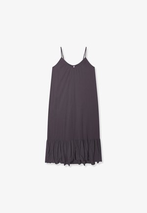 Vestido midi sin mangas de color gris oscuro con tirantes finos ajustables y un bajo con volantes.