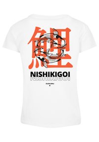 White T-shirt featuring a graphic of koi fish in black and orange, with bold Japanese text and the word "NISHIKIGOI" in black lettering.