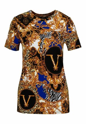 Kortemouwenhemd met sierlijke gouden barok-, zwarte, blauwe, zebraprinten en luipaardpatronen, met grote zwarte cirkels met gouden letter V.