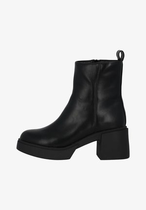 Schwarze Leder-Stiefeletten mit runder Zehenform, glatter Textur und einem stabilen Blockabsatz. Verfügt über einen seitlichen Reißverschluss und eine Zuglasche an der Rückseite.