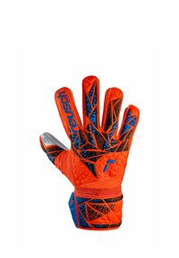 Goalkeeper glove featuring an orange and black geometric design, made of textured synthetic material, with blue accents and reinforced fingers.