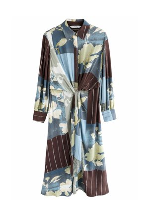 Floral-patterned dress with a collar, long sleeves, and a tie detail at the waist. Colors include blue, brown, and cream with striped accents.