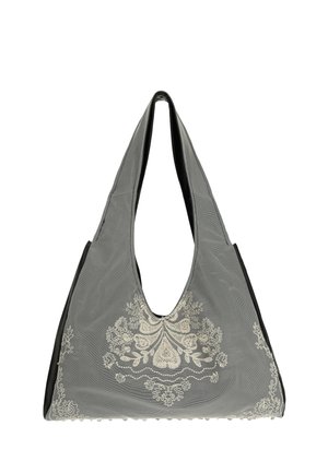 Grå skuldertaske i stof med brede stropper, der har hvid blomsterbroderi centreret foran og strækker sig til siderne.