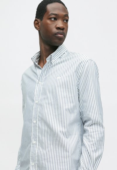 Noor mees valge ja helesinise vertikaalselt triibulises nööbivajutiga särgis, vaadates veidi vasakule ühetoonilise taustaga.