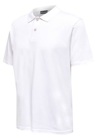 Weißes Polo-Shirt mit kurzen Ärmeln, zwei Knöpfen und Kragen, vorne und von der linken Seite vor weißem Hintergrund dargestellt.