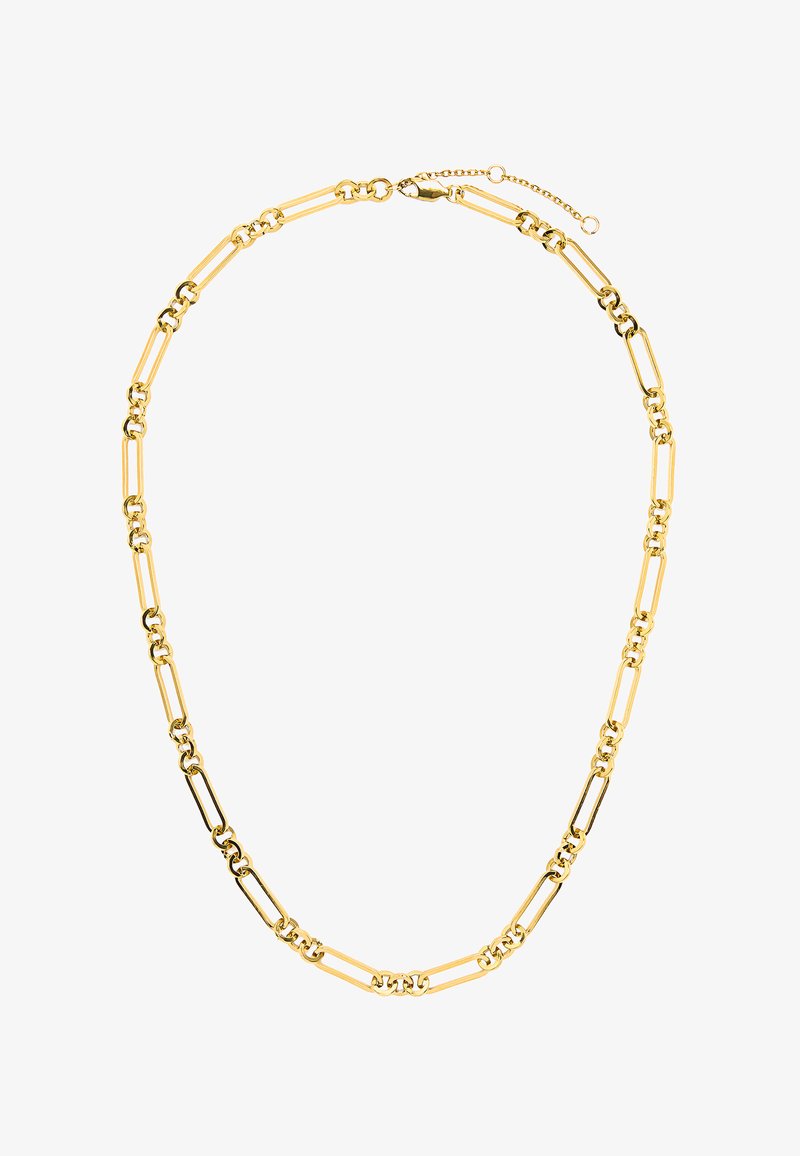 Złoty naszyjnik łańcuszkowy z naprzemiennie ułożonymi prostokątnymi i okrągłymi ogniwami, o wypolerowanej powierzchni i z zapięciem na jednym końcu.