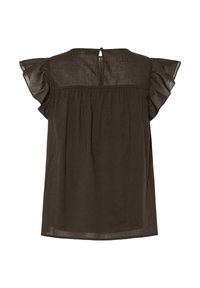 Top marrone scuro con maniche corte a volant, corpetto arricciato e apertura a goccia sul retro, realizzato in tessuto leggero.
