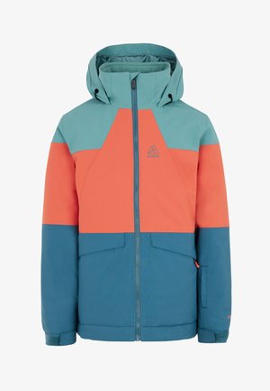 Colorful jacket featuring a teal hood, coral and teal color blocks, front zip closure, and two side pockets. Made from a smooth, durable material.
