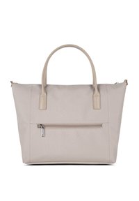 Sac fourre-tout beige avec poignées doubles, comportant une poche zippée à l'avant. Fabriqué en tissu durable avec une texture lisse et un design simple.