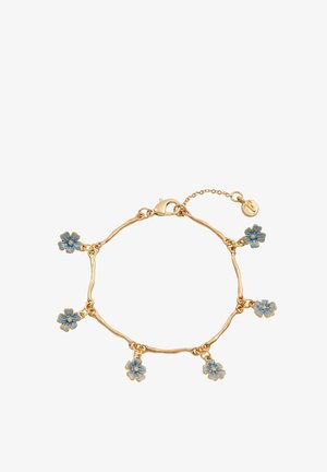 Zlato obarvan uhani z zavitjem, s cvetovi iz modre emajlne barve in zapiranjem na školjko. Dolžina je nastavljiva z verižico.