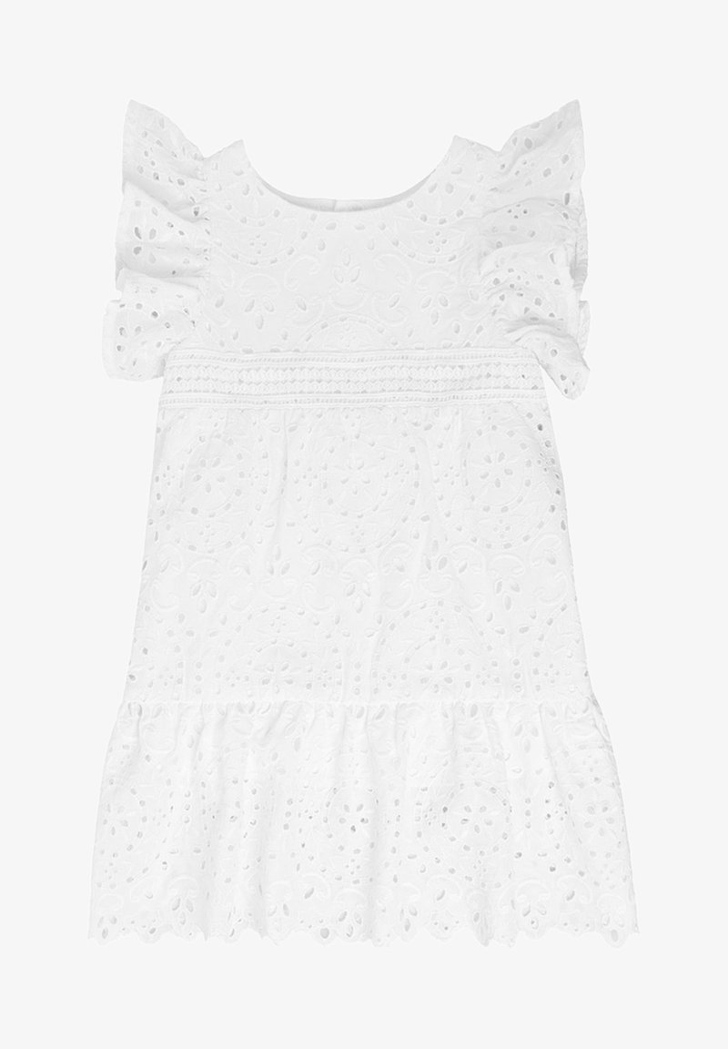Weißes Baumwollkleid mit Lochstickerei, kurzen Rüschensäumen, einer gerafften Taille und einem ausgestellten Saum mit gewelltem Rand.