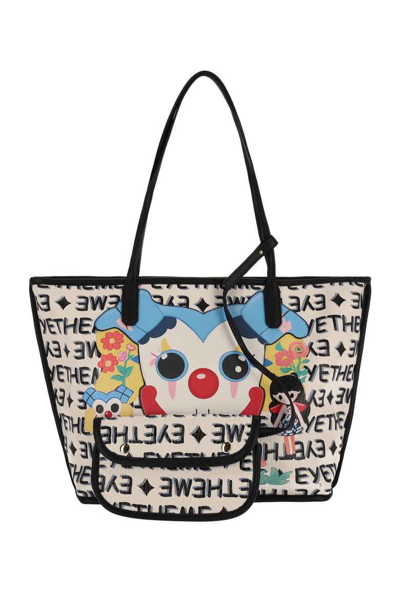 Geantă tote din material crem deschis, cu text negru îndrăzneț, grafică cu un clovn cu accente albastre și un buzunar mic în față.