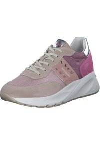 Letvægts sneakers i beige, pink og grå farver. Har suede- og netmaterialer, snørebåndsdesign, metalliske detaljer og struktureret sål.