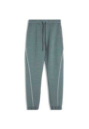 Pantaloni de trening teal, din țesătură moale, cu un design tapered, dungi albe pe laterale, manșete elastice și un talie cu șnur.