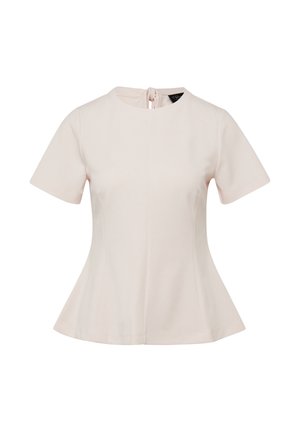 Jasnoróżowa bluzka z krótkim rękawem, okrągłym dekoltem, dopasowaną talią i lekkim rozszerzeniem na dole, z zapięciem na guziki z tyłu.