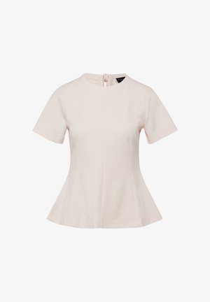 Jasnoróżowa bluzka z krótkim rękawem, okrągłym dekoltem, dopasowaną talią i lekkim rozszerzeniem na dole, z zapięciem na guziki z tyłu.