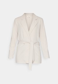 Lichte beige wikkeljas van zachte stof, met een omgeslagen kraag, lange mouwen en een tailleband voor een verstelbare pasvorm. Eenvoudig ontwerp.