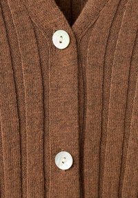 Cardigan marrone a coste realizzato in tessuto lavorato a maglia, con scollatura a V e due bottoni tondi di colore chiaro come chiusura.