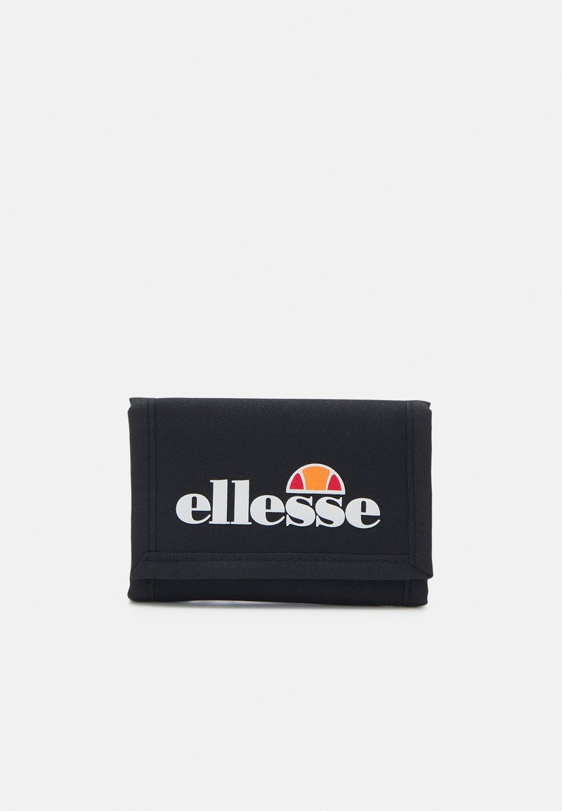 Portofel din material textil negru cu design pliat, având un mare logo alb "ellesse" și o grafică colorată în formă de semicerc deasupra textului.