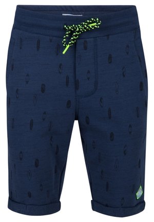 Marineblaue Freizeitshorts mit dunklen ovalen Mustern, einer neongrünen und schwarzen Kordel sowie umgeschlagenen Säumen.
