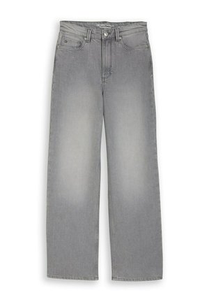 Grijze jeans met wijde pijpen, vijf zakken, knoopsluiting en subtiele vervaagde details langs de voorkant van de dijen.