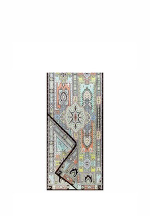 Rectangular rug with intricate symmetrical patterns in pastel colors, including teal, peach, yellow, and black, showcasing ornate floral and geometric motifs.