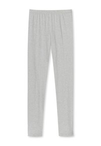 Ljusgrå leggings gjorda av mjukt, stretchigt tyg. Har en elastisk midja och en slim fit utan synliga sömmar eller mönster.
