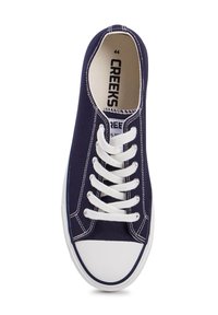 Sneaker in tela blu con lacci bianchi, punta in gomma e pannelli laterali texturizzati. Etichetta della taglia visibile all'interno. Design semplice e classico.